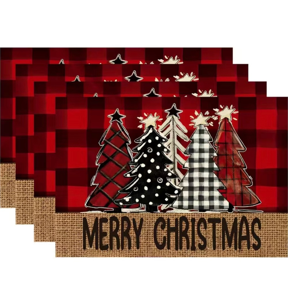 4pcs Christmas Linen Placemats Christmas Tree Pattern Heat Insulation Pads
